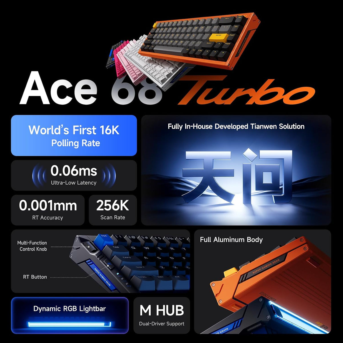 MCHOSE Ace 68 Turbo Hall Effect Gaming Keyboard, 65% CNC Aluminum, Rapid Trigger, 16K/8K Polling, Adjustable Actuation, RGB USB-C White