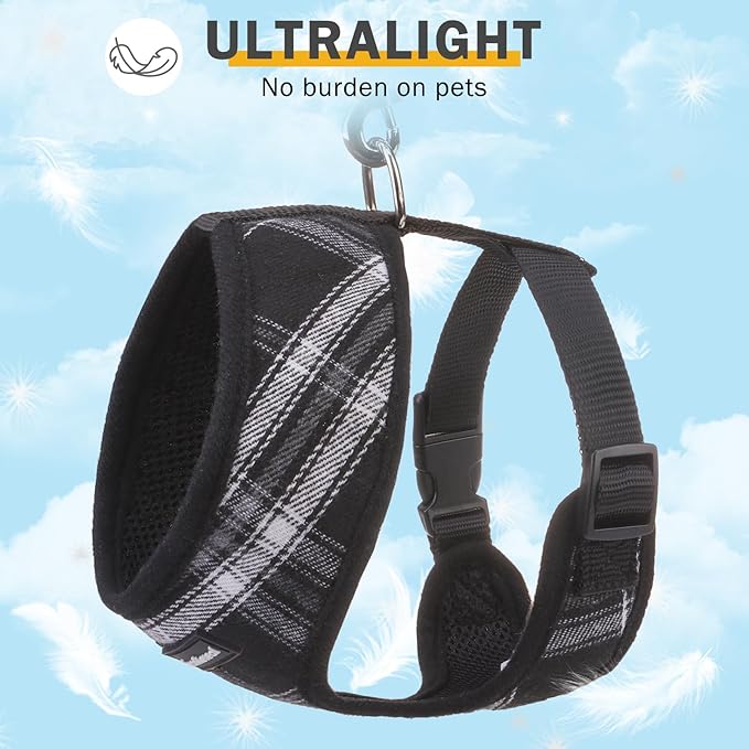SCENEREAL No Pull Dog Harness Collar and Leash Set Small Medium Sized Dog, Soft Mesh Puppy Harnesses, No Chock Plaid Adjustable Pet Vest for Outdoor Walking Training and Running, Black XS