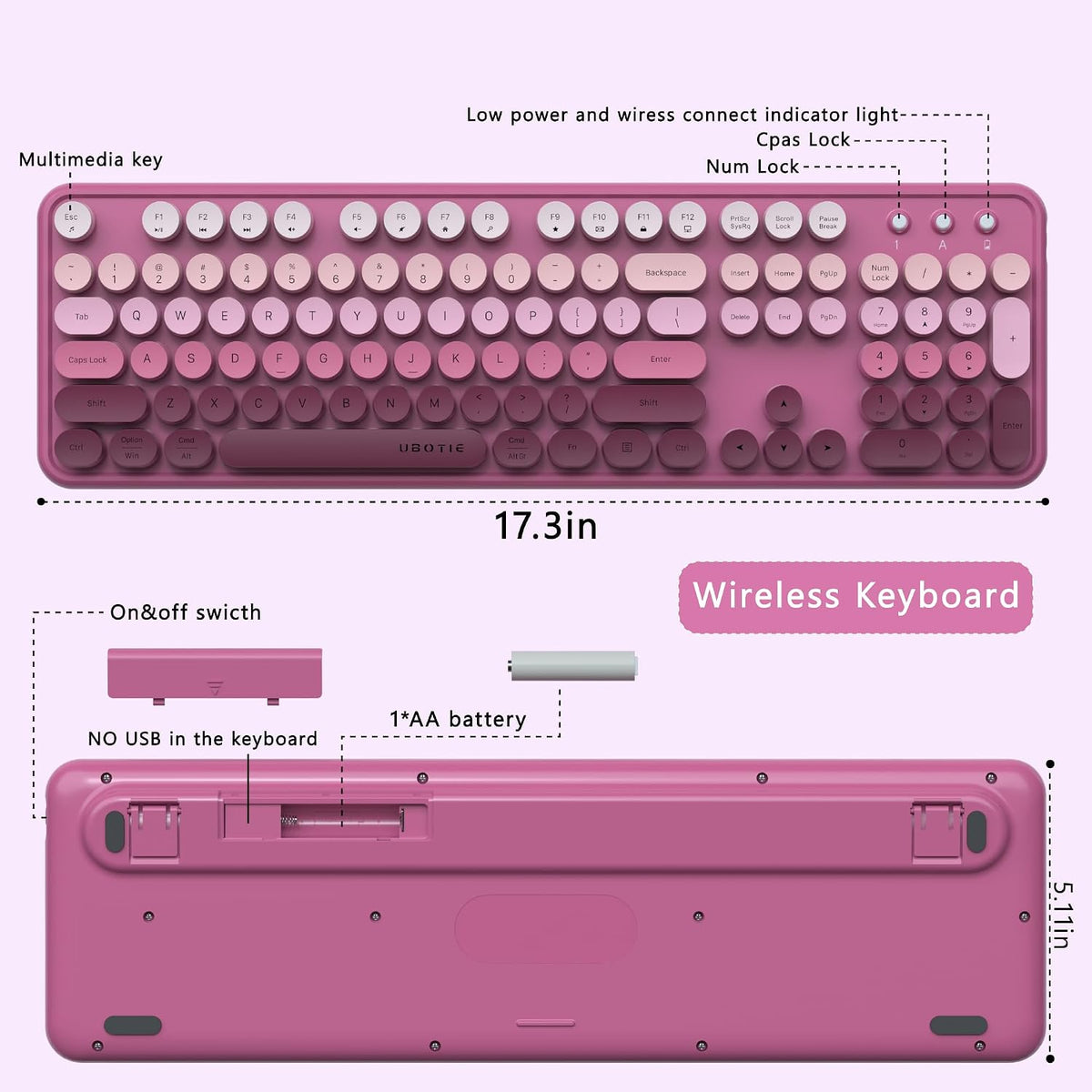 UBOTIE Colorful Computer Wireless Keyboard Mouse Combo (Rosy Gradient)