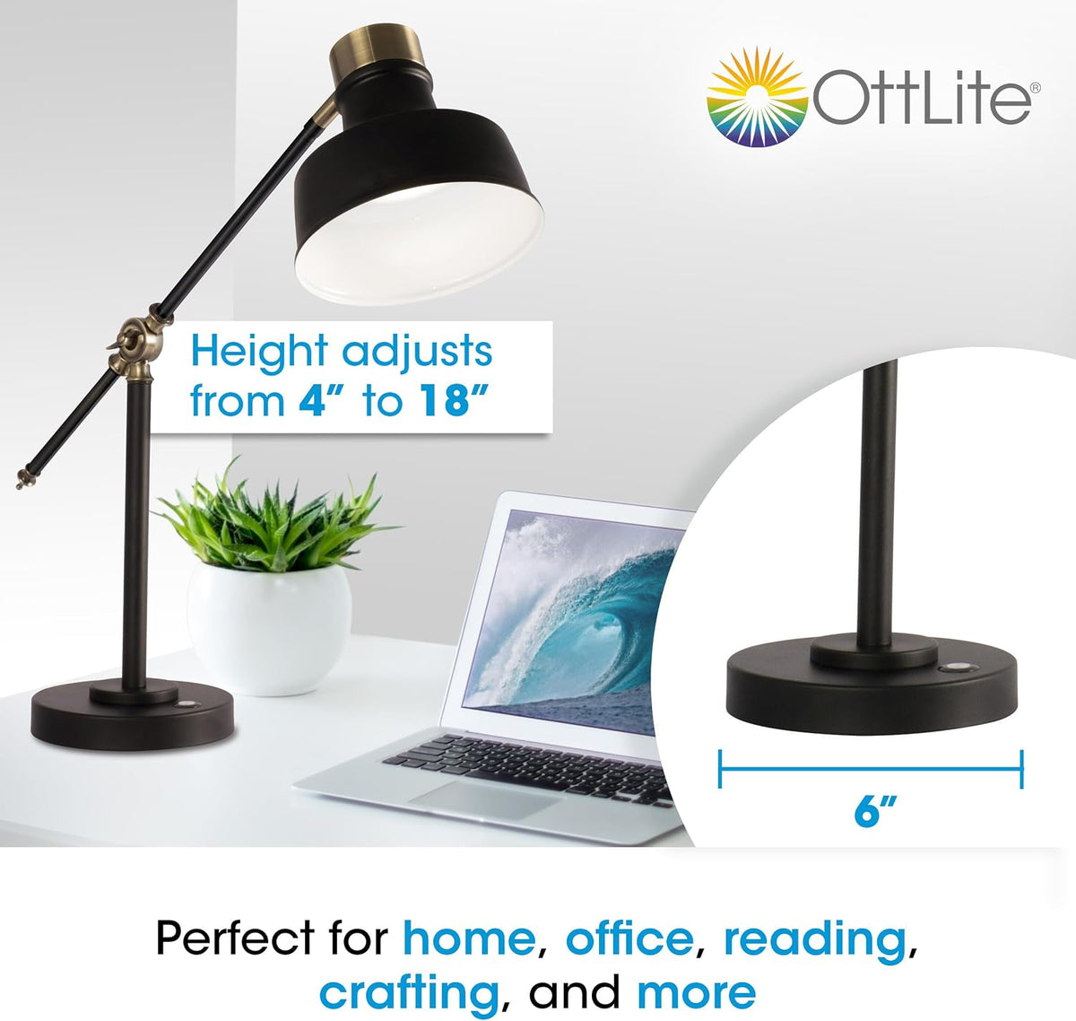 OttLite Balance LED Desk Lamp with USB Port, Black with Gold Accents