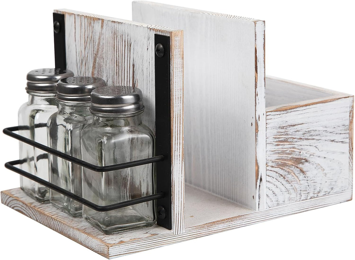 Rustic Whitewashed Wooden Kitchenware Organizer Napkin Utensil Spice Holders Table Seasoning Shakers Chalkboard Label Countertop Salt Pepper Caddy Wood Kitchen Dining Room Restaurant Café Home