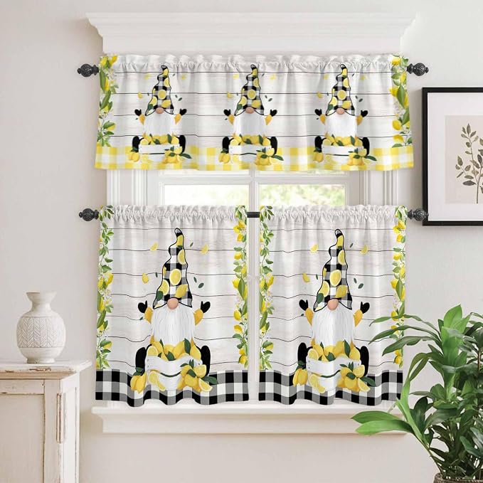 Lemon Gnomes Kitchen Curtains Set 3 Piece
