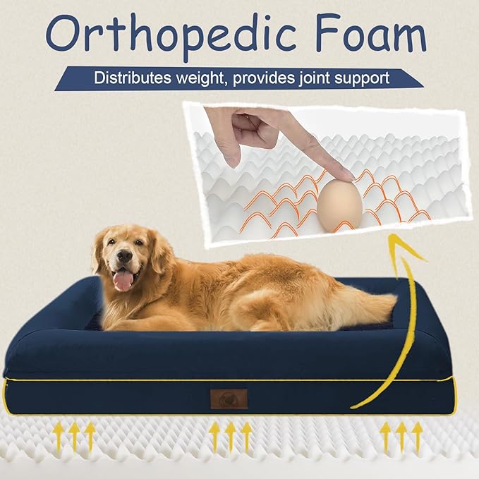 Orthopedic Washable Large Dog Bed, Jumbo Dog Bed Bolster Waterproof, XXXL Big Pet Beds for Extra Large Dogs with Removable Cover, Navy