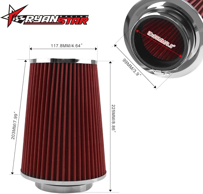 RYANSTAR RACING 89mm 3.5" High Flow Round Tapered Cone Closed-Top Washable