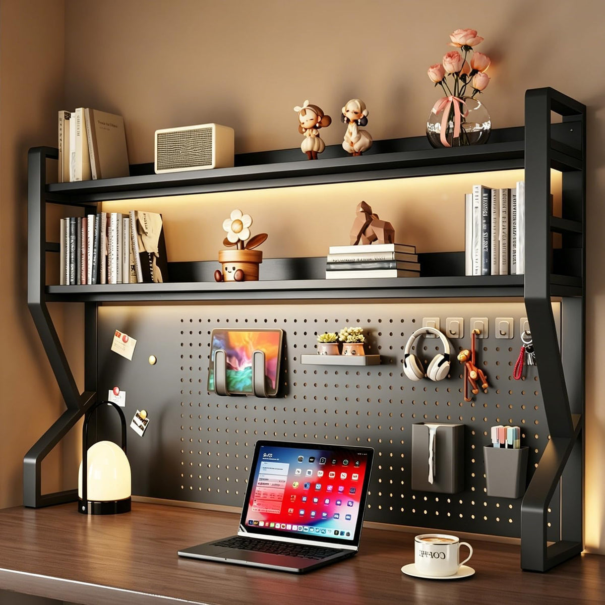 Desk Shelf, 53.1" L 2-Tier Desktop Organizer Desk Hutch Storage Rack with Hole Plate Multi-Functional Workstation Organizer Bookcase Computer Desk for Home Office Dorm Top of Desk