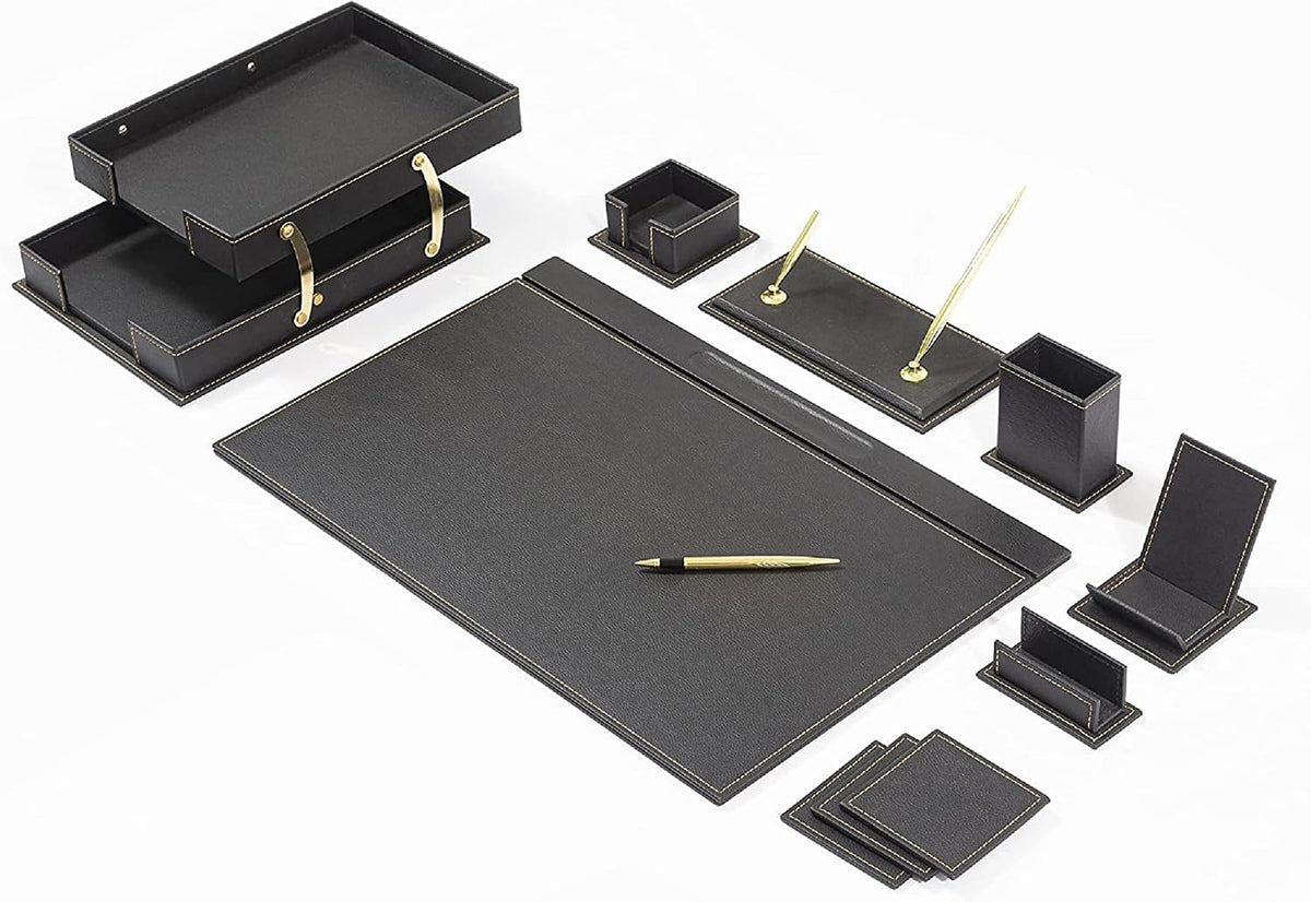 MOOGCO 12-Piece Leather Desk Set — Desk Pad 23.2" x 15.4", Double Document Tray, Pen Holder — Desk Organizer Set for Home Office & Executive Desk Accessories