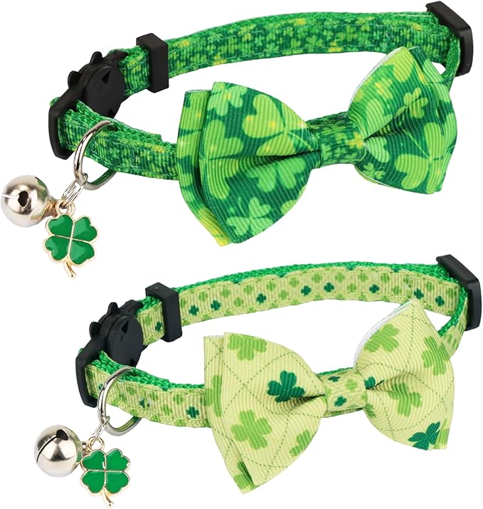ADOGGYGO St. Patrick's Day Cat Collars with Bow Bell, Breakaway Cat Bowtie Collar Green Shamrock Pattern Saint Patrick Collars for Girl Boy Cats Kittens (St. Patrick's Day)