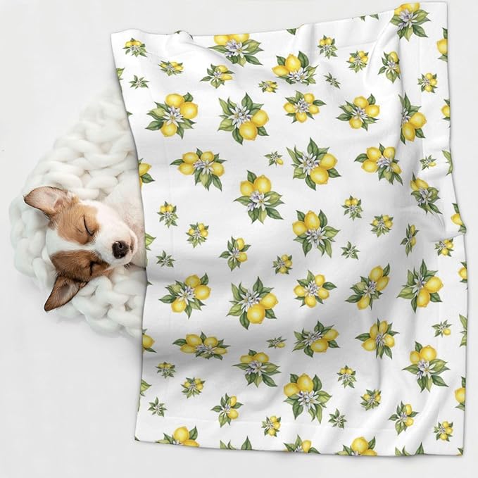 Reversible Plush Dot Pet Blanket for Dogs and Cats, Yellow Lemons Trees with Green Leaves and White Flower Summer Plant, Ultra Soft Two Sided Design with Warm Fuzzy Side and Smooth Side for Comfort