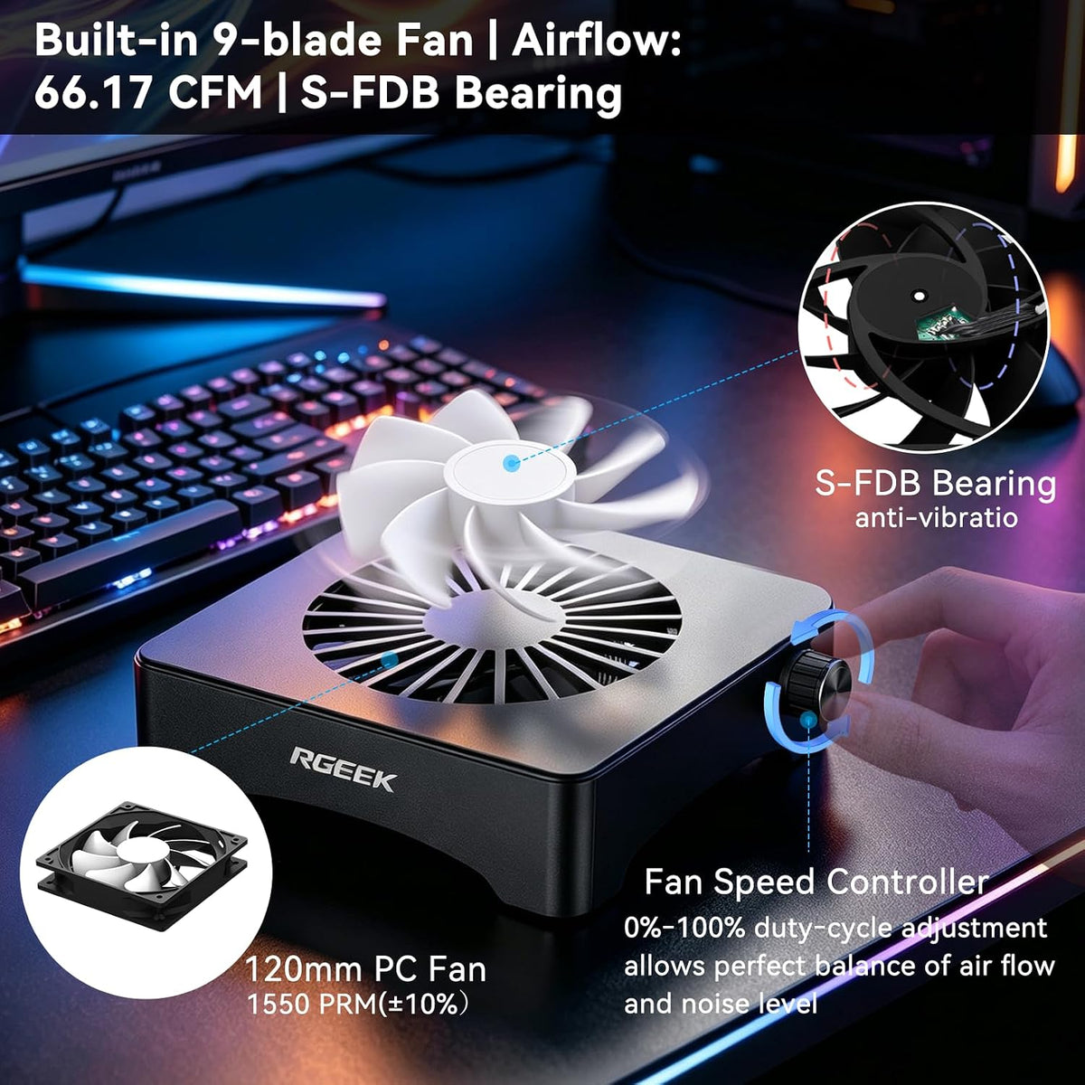 Quiet USB Computer Fan, RGB Mini PC Cooling Fan Base, with Speed Controller
