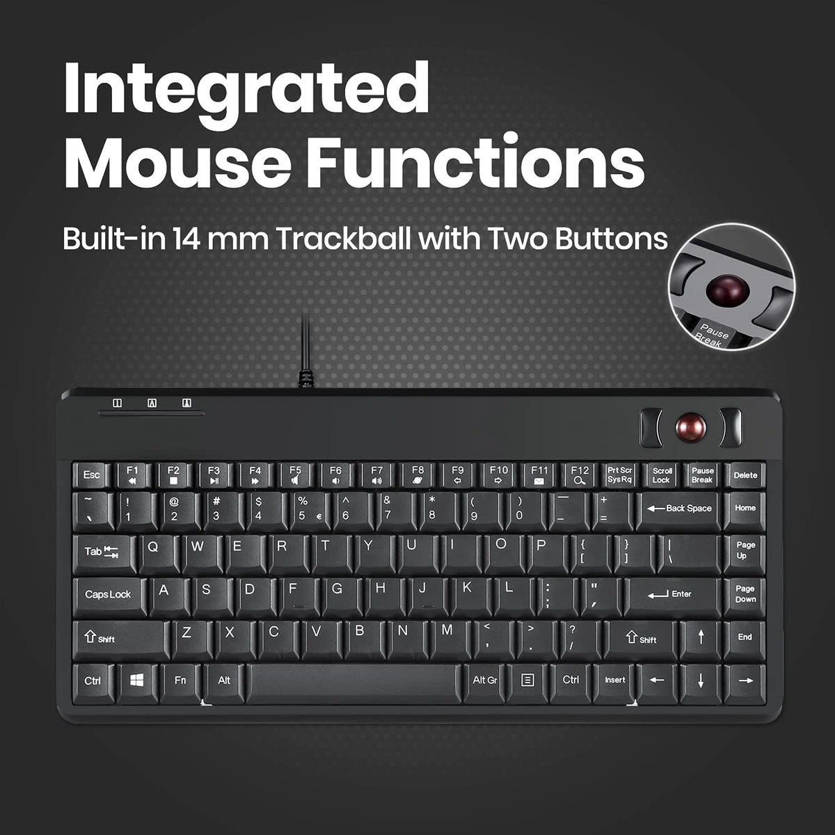 Perixx PERIBOARD-505H Wired Mini Keyboard with Built-in Trackball, 0.55 Inch Trackball and 2 USB Hubs, Black, US English Layout