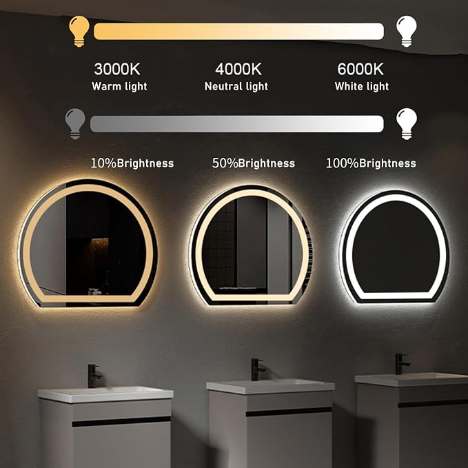 Bathroom Mirror with 3 Colour LED Lights, Lighted Bathroom Makeup Wall Mounted