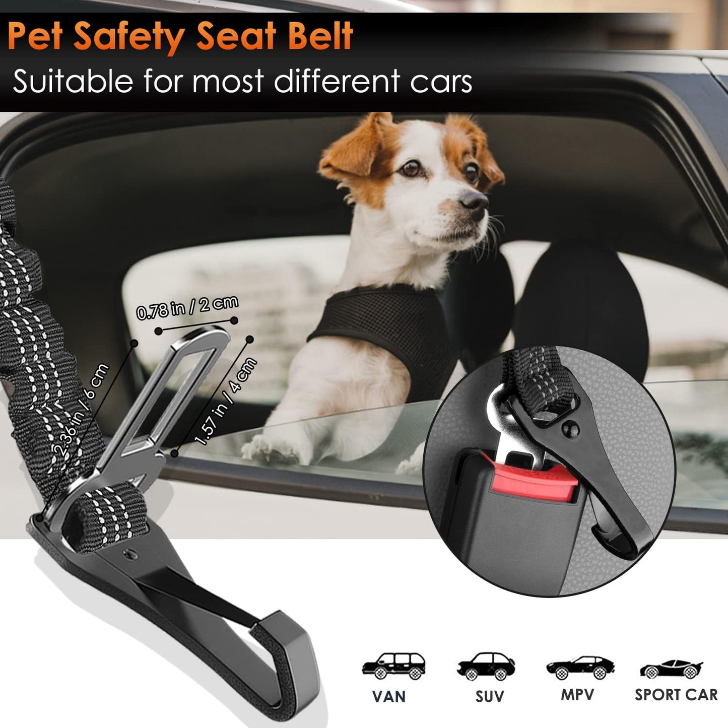 SlowTon Dog Seat Belt, Adjustable Dog Safety Belt Leash, 2 in 1 Latch Bar Attachment Dog Car Seatbelt with Elastic Nylon Bungee Buffer, Reflective Nylon Belt Tether Connect to Dog Harness (Black)
