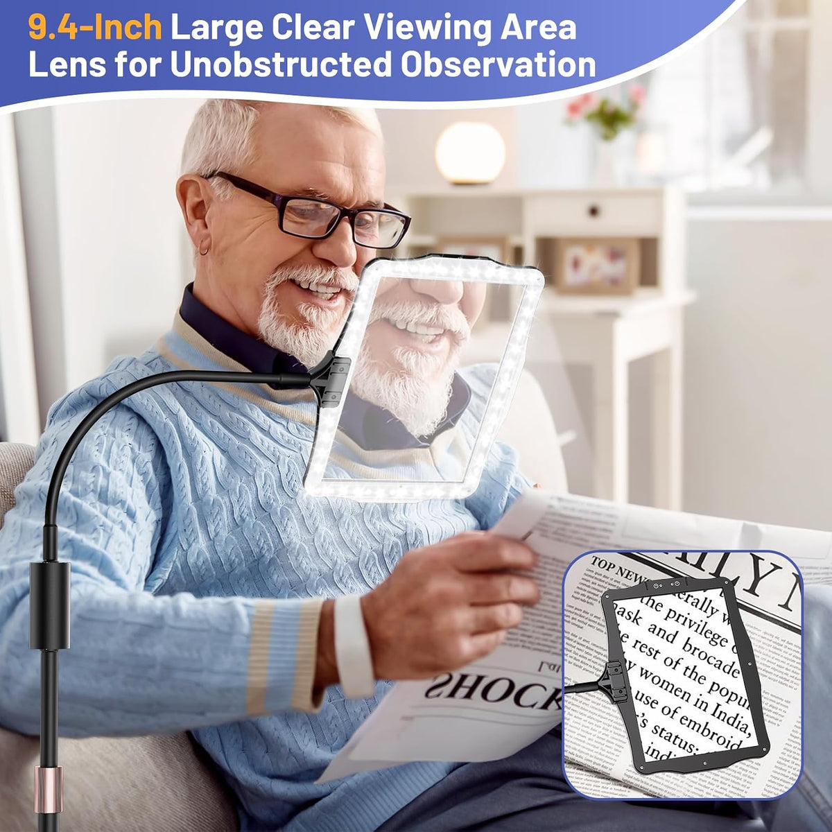 Hands Free Floor Standing Magnifying Glass with 48 LED Rechargeable Light, Adjustable Stand Large Magnifier for Seniors Reading Sewing Craft Embroidery Close Work DIY