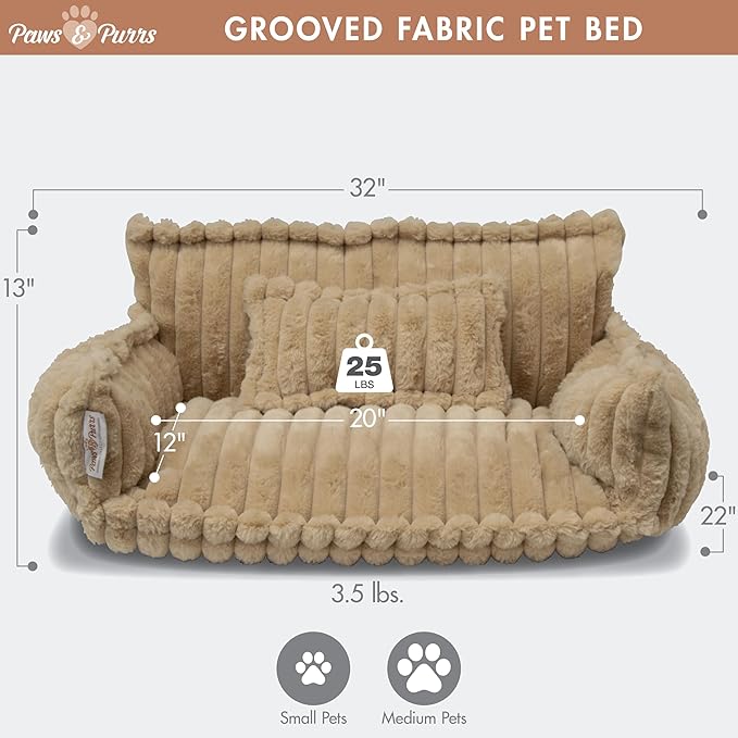 Grooved Pet Bed for Small to Medium Dogs or Cats, Soft Ribbed Corduroy-Style Polyester Fabric, Supportive Bolsters, Removable Cover, Non-Slip Base, Sofa Pet Lounger with Mini Play Cushion, Camel