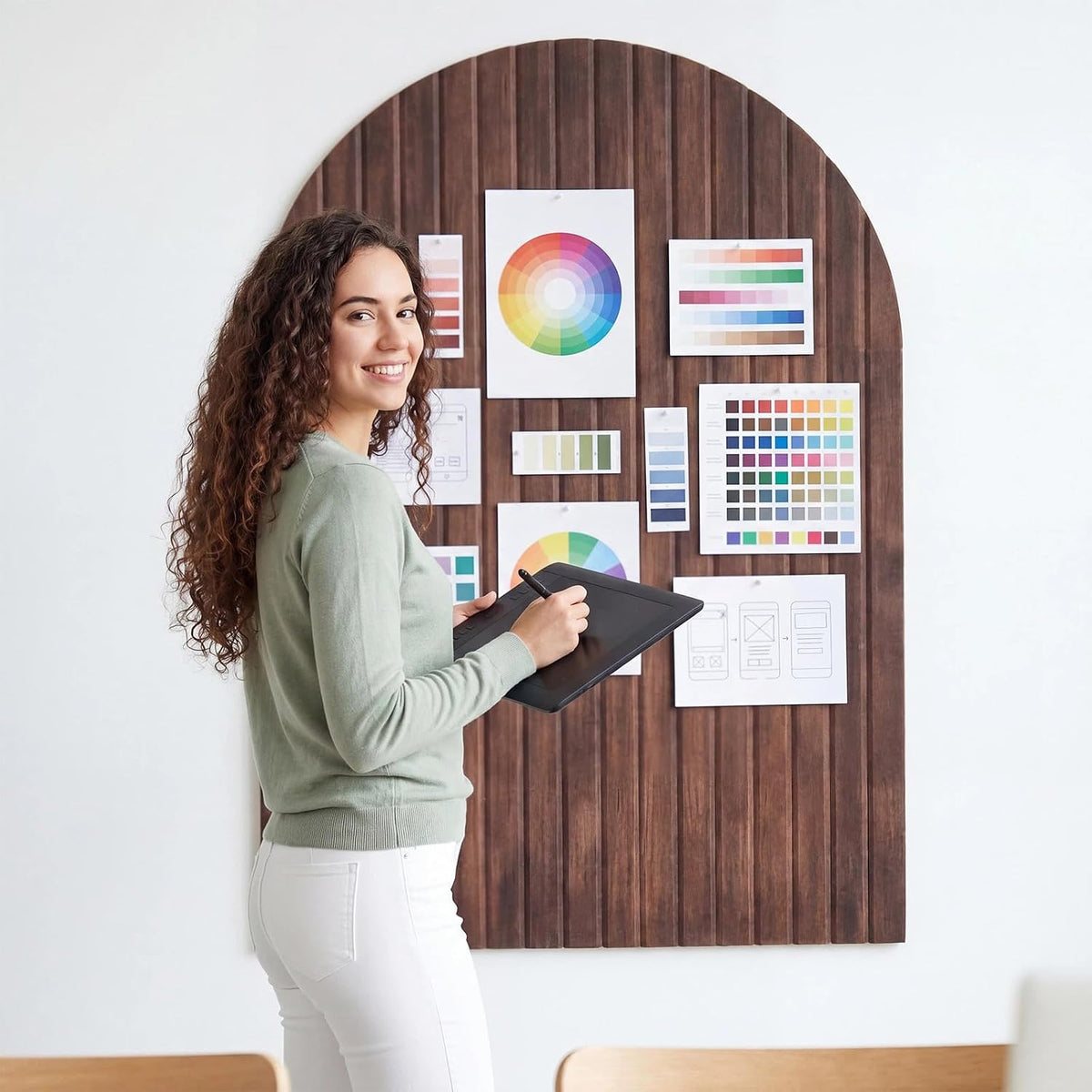 Mindsoft 35" x 24" Integrated Arched Felt Bulletin Board, Walnut Wood Color