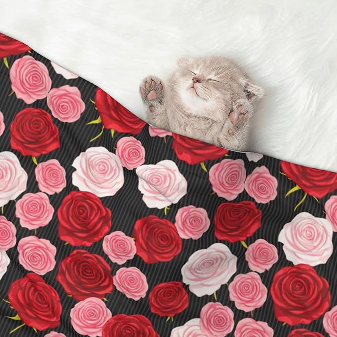 Double Sided Pet Bed Blanket for Added Cushion Warmth, Black White Stripes Red Rose Flowers, Reversible Cover with Textured Dot Surface for Existing Beds Standalone Mat