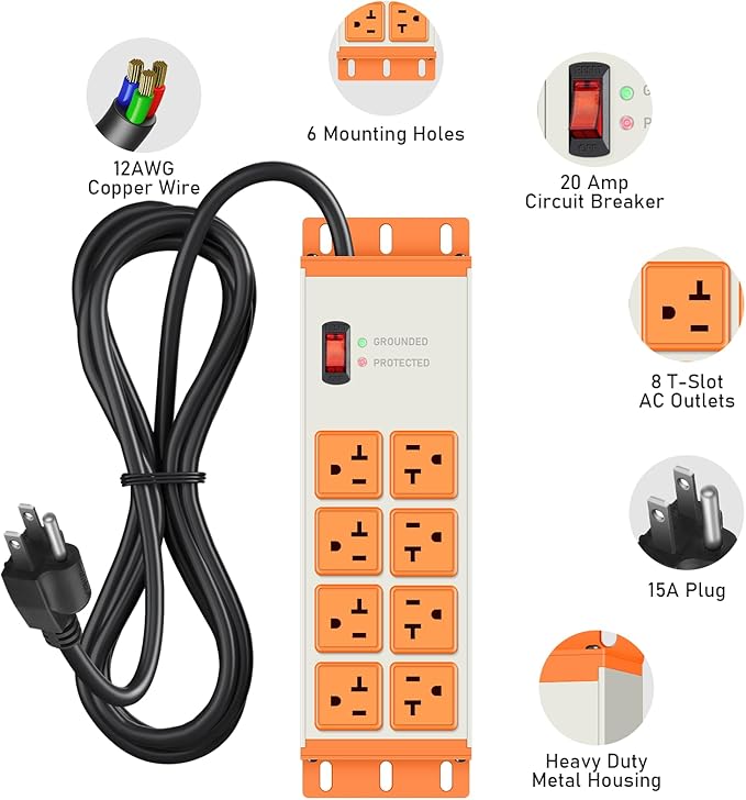 JUNNUJ Heavy Duty 20 Amp Surge Protector 4800J, Garage Metal 8 Outlets 12 Gauge, High Amp 5-15P Adapter Shop 6-20R T-Slot Industrial Outlet, 6 FT Extension Cord Commercial for Appliance, Grey