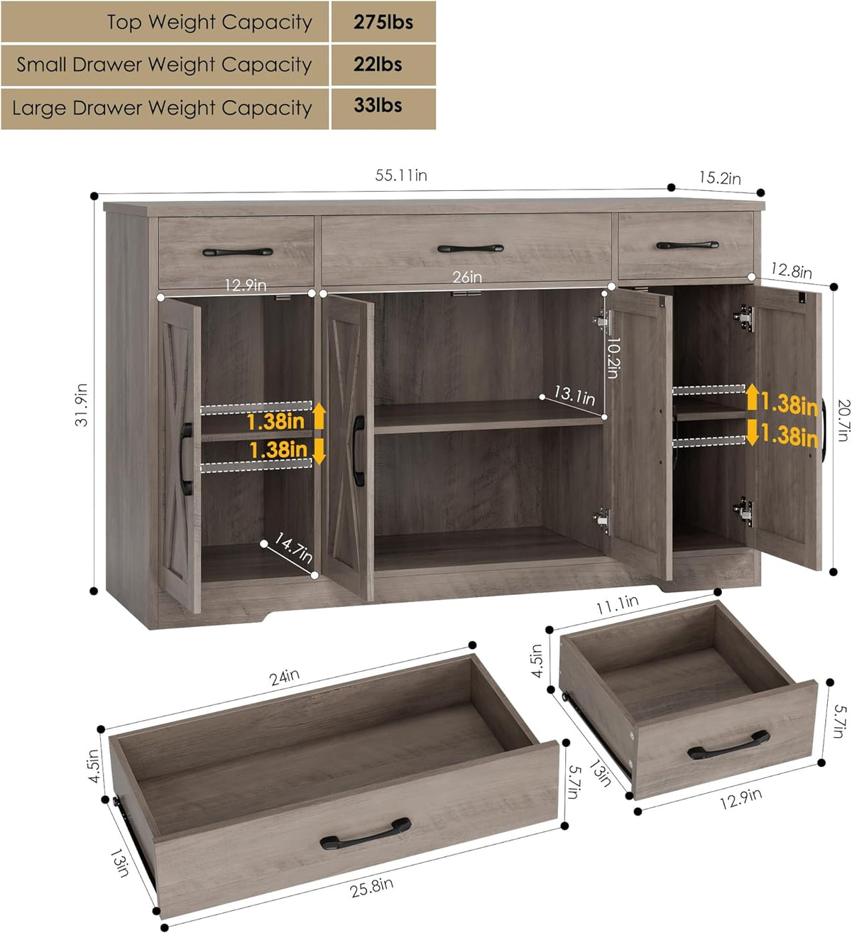 HOSTACK Kitchen Buffet Sideboard Storage Cabinet, Coffee Bar Cabinet, Grey