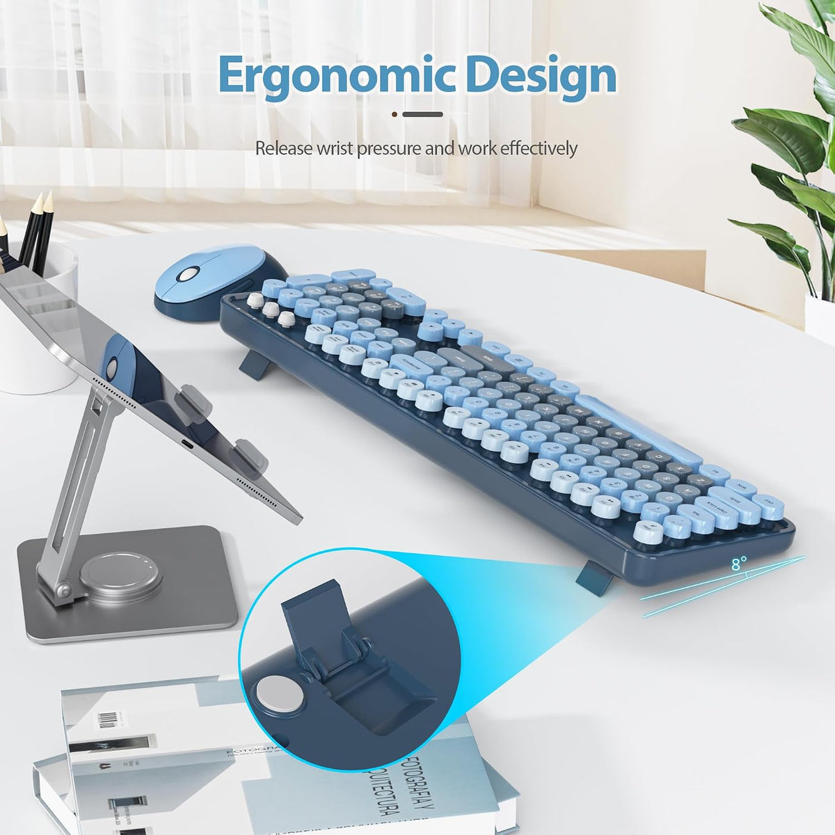 Wireless Keyboard and Mouse Set, Retro Typewriter Sea Blue