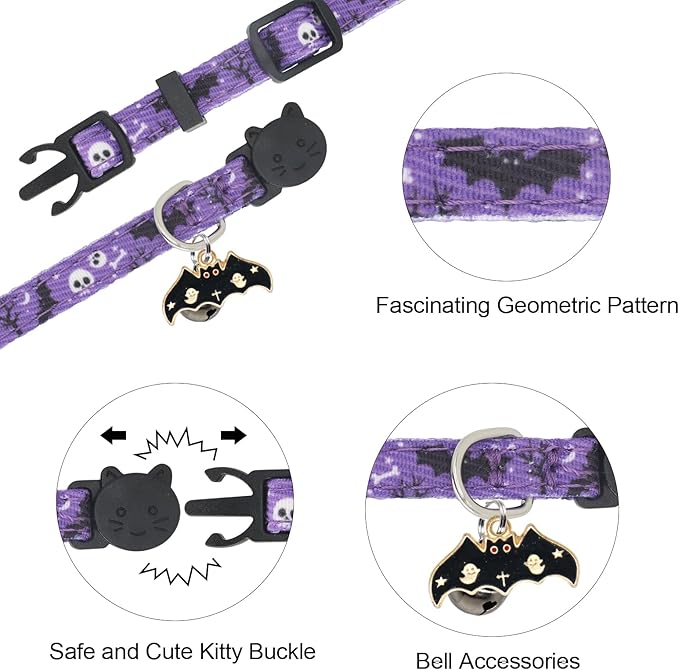 Halloween Cat Collar, Cotton 2 Pack Cat Collar with Bells, Breakaway Collars for Girl Boy Cats Kittens, Halloween Purple