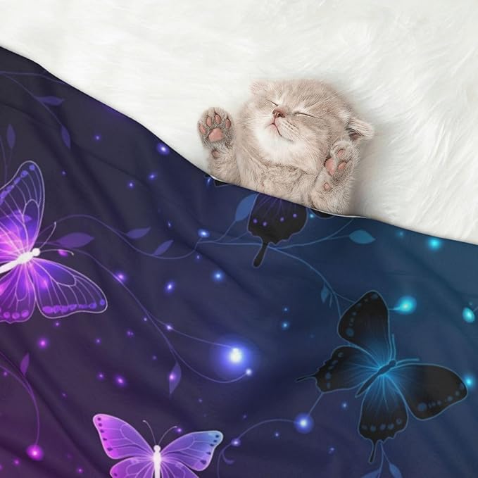 Double Sided Pet Mat for Dog Bed Topper Cat Blanket Furniture Protector, Background with Night Butterflies, Reversible Plush with Tactile Dot Pattern for Style Change