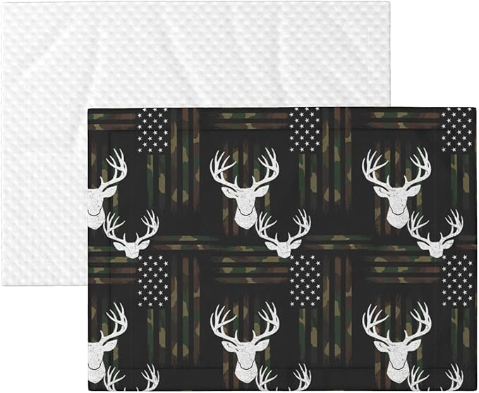 Pet Blanket for Car Rides Vet Visits, Deer Camo Camouflage American Flag Hunting Black, Two Sided Reversible Plush Design with Bumpy Dot Side Offers Comfort Home Piece On Go Travel