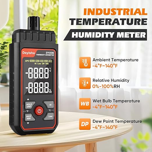 Industry Temperature Humidity Meter High Precision and High Rate Digital Hygrometer with Ambient, Relative Humidity, Dew Point, Wet Bulb Thermometer, Min/Max Hold ±1.5°C/±3°F and ±5% RH