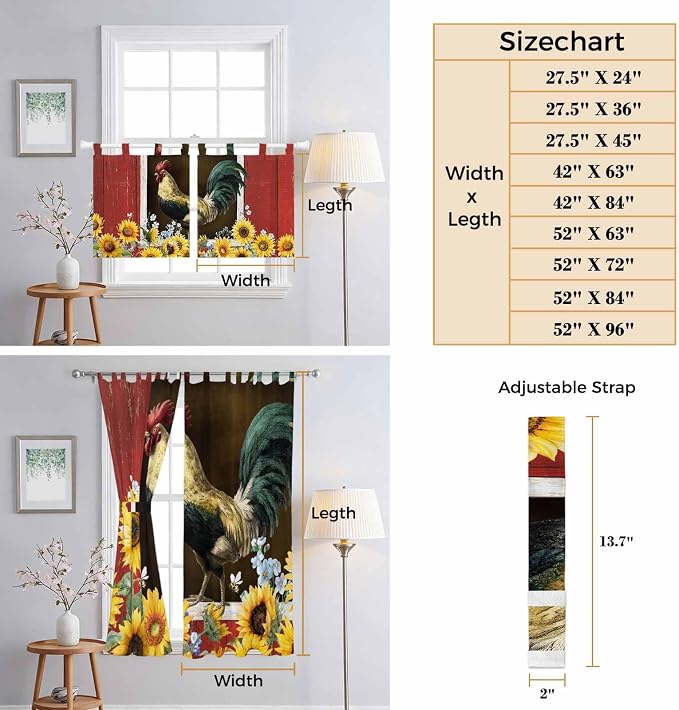 Chicken Sunflowers Kitchen Curtains 36 Inch Length, Small Window Curtains Tab