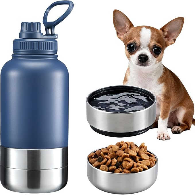 Insulated Dog Water Bottle with 2 Bowls, 32oz Travel Stainless Steel Double Wall Thermos, Portable Pet Dispenser, Gifts for Puppy Small Medium Dogs Walking Hiking and Camping