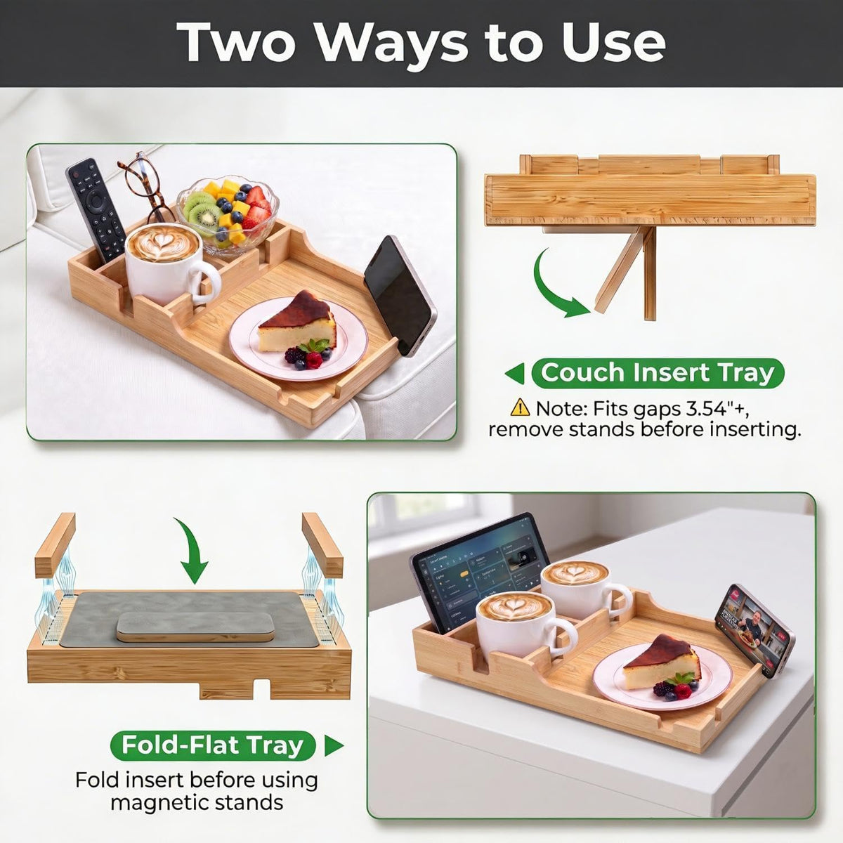 Couch Tray Insert with 2 Cup Holders, 2-in-1 Bamboo Insert & Flat Sofa Organizer, Fits Sectionals or Ottomans for Drinks, Snacks and Remotes, 15.35" x 9.84"