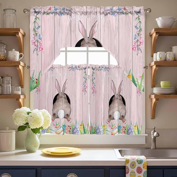 Swag Valance Curtains, Easter Cute Rabbit and Colorful Eggs Rod Pocket Valances