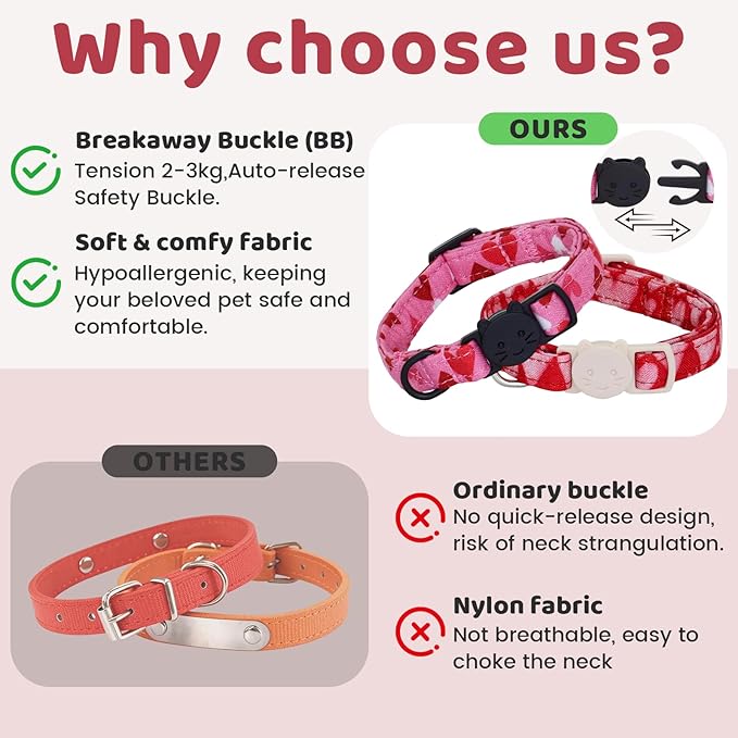 Valentine Cat Collar-2 Pack Collars Red and Pink Love-Heart Print Breakaway with Kitten and Bell Pendant Safety Buckle Adjustable Pet Collar for Cats Gift for Cats and Small Pets