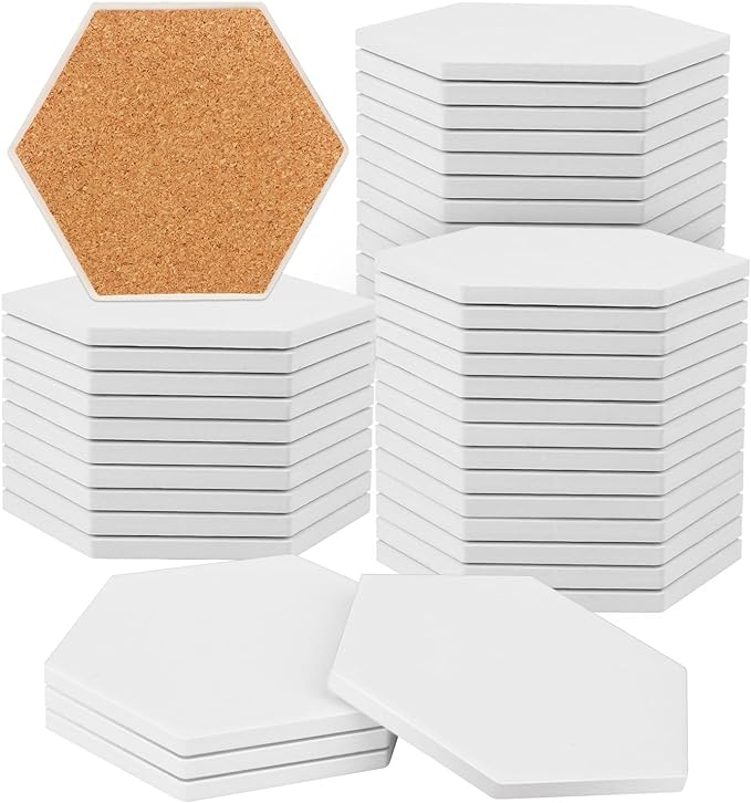 50 Pieces 3.75 Inch Hexagon Blank Ceramic Coasters, Unglazed Ceramic Tiles