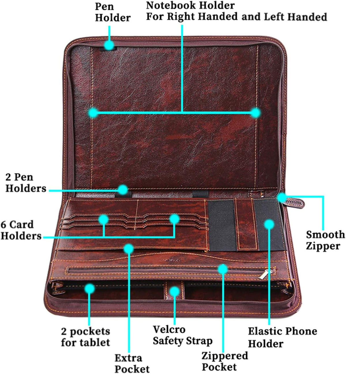 Zippered Padfolio for Women & Men Resume Portfolio Folder Vegan Leather Business Organizer Planner,with Writing Pad Interior 10.1 Inch Tablet Sleeve Dark Brown