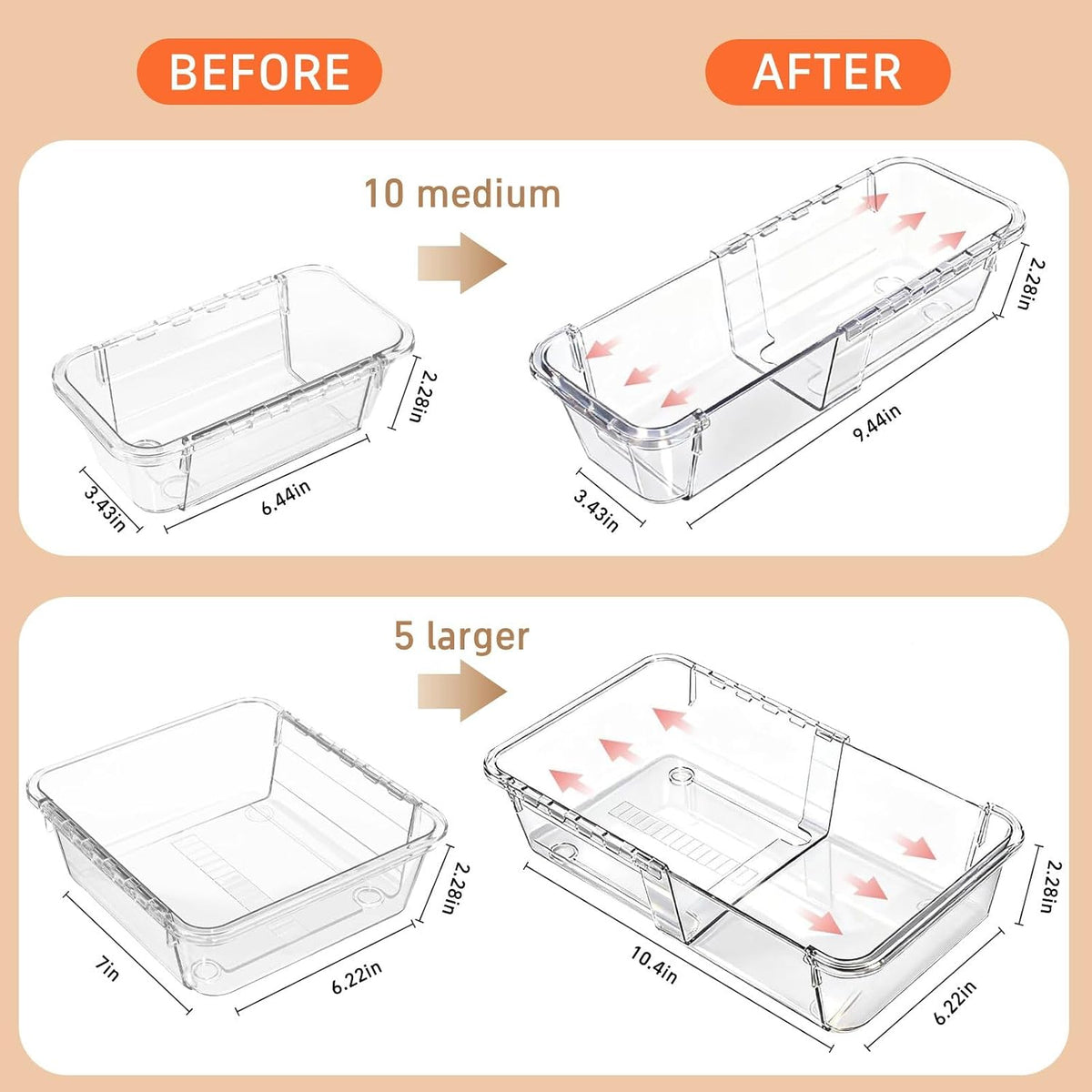Expandable Drawer Organizer Set, 15 Clear Bins, 2 Sizes