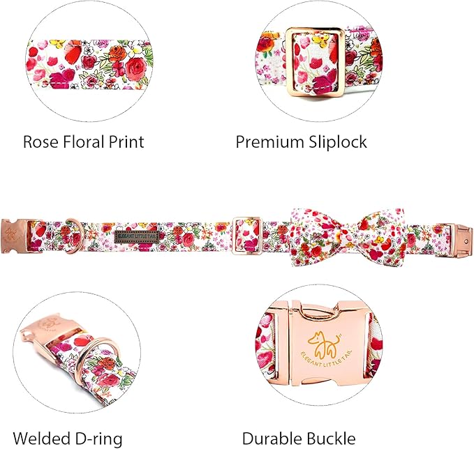 Elegant little tail Dog Collar, Pink Rose Print Pet Collar Summer Dog Collar Durable Metal Buckle Dog Collars Cotton Pet Adjustable Dog Collars for Medium Dogs