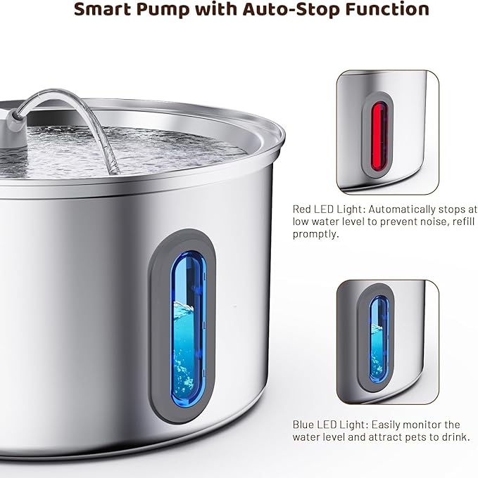 Cat Water Fountain Stainless Steel, 3.2L Cat Fountains for Drinking with Smart Quiet Pump and Water Level Window, Easy-to-Clean Automatic Pet Water Dispenser (3.2L Fountain with 12 Filters)