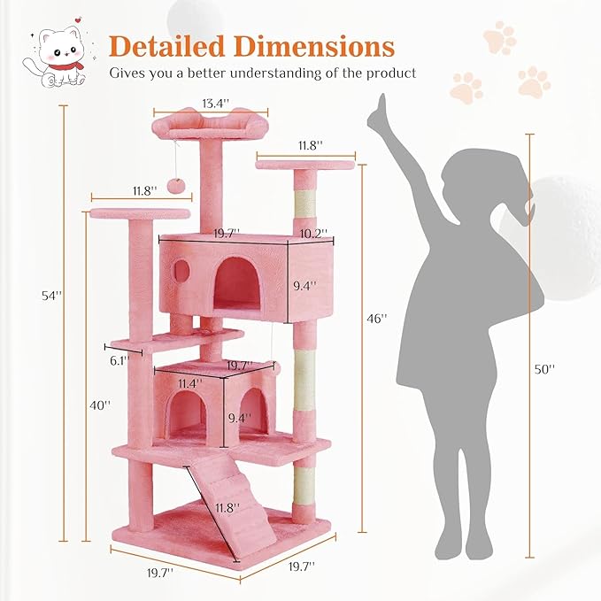 54 Inches Cat Tree Tower Condo Furniture, Cat Tower with Scratching Post, Multi-Level Climbing Tree Cat House Padded Plush Perch, Kittens Pet Play House, Light Gray