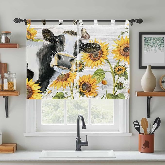 Retro Farmhouse Floral Kitchen Curtains 45 Inch Length, Short Cafe Window
