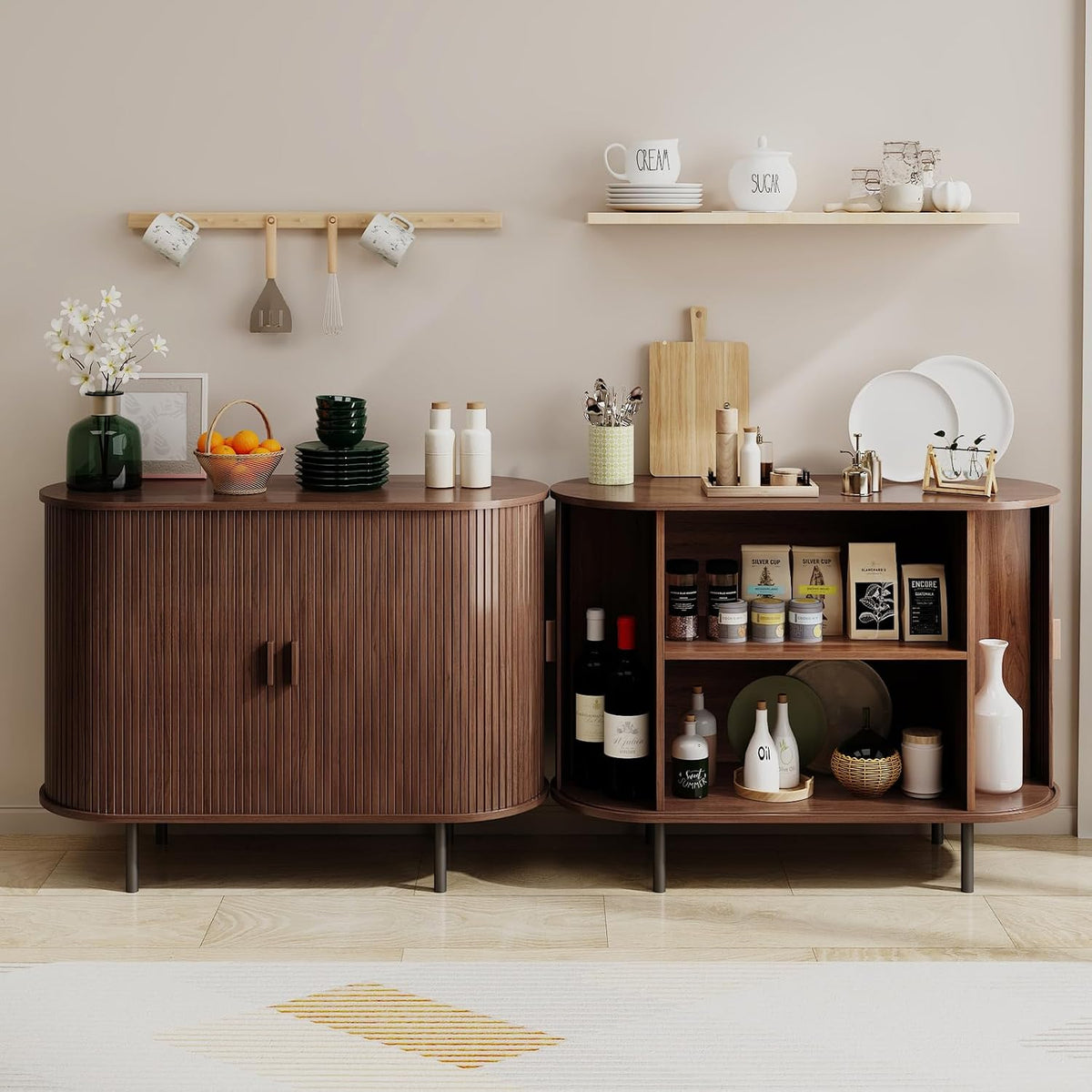 ComfyCorner 40" Fluted Buffet Sideboard Cabinet with Sliding Door, Walnut