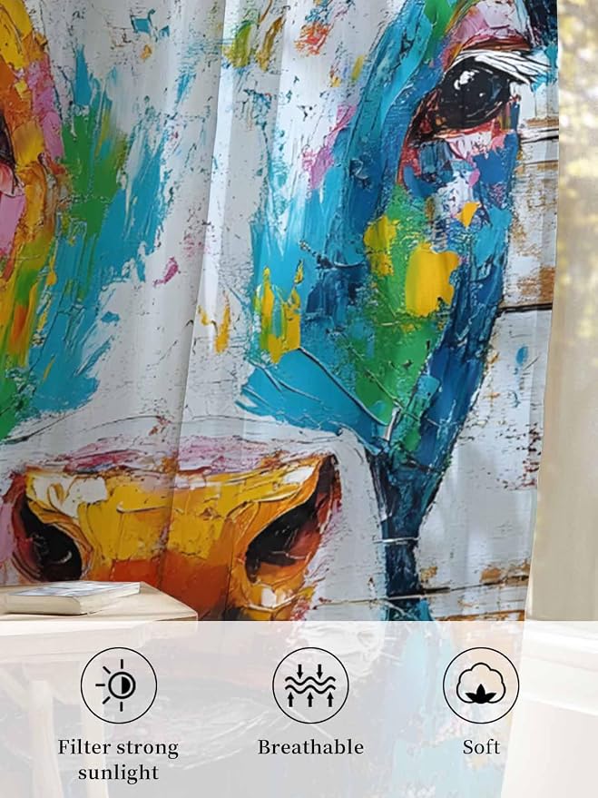 Sheer Curtains 45 Inch Length, Funny Colorful Cow Semi Sheer Curtains Light