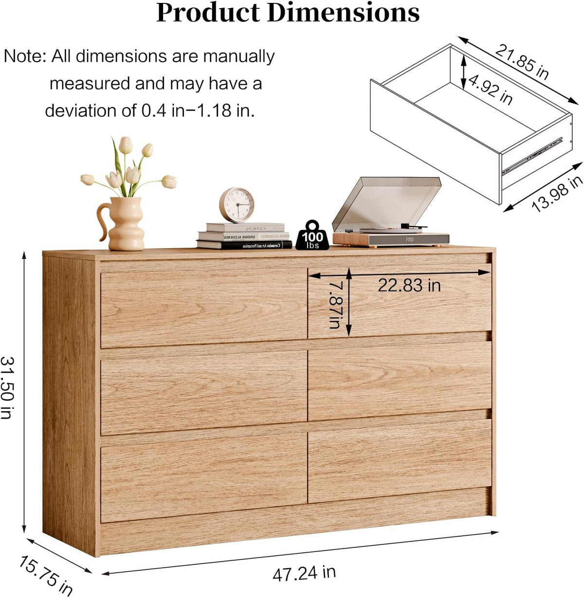 Chrangmay 6 Drawer Dresser,47.24" Wide Mid Century Chest of Drawers,Wooden Bedroom Drawer Dresser with 6 Storage Drawers for Bedroom,Living Room,with Anti-Tipping Device, Wheat