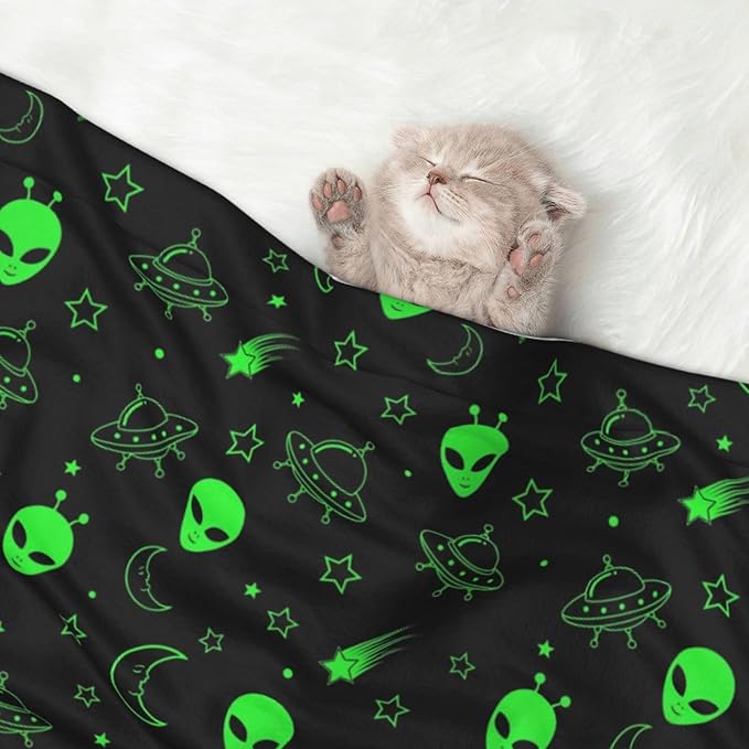 Dog and Cat Blanket in One, Green Alien Moon Spaceships Planet Black, Double Sided Plush Throw with Raised Dot Pattern on One Side and Flat Velvet on Other for Variety