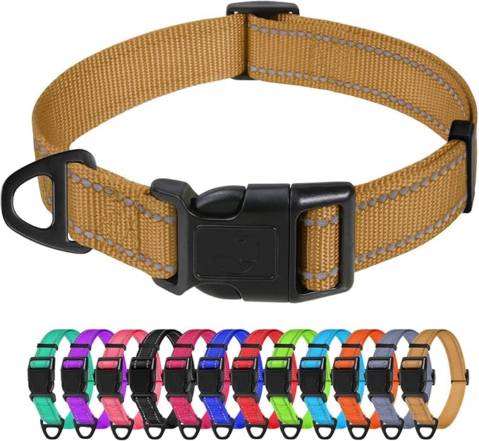 TagME Reflective Nylon Dog Collars, Adjustable Classic Collar with Quick Release Buckle for Small Dogs, Khaki, 3/4" Width
