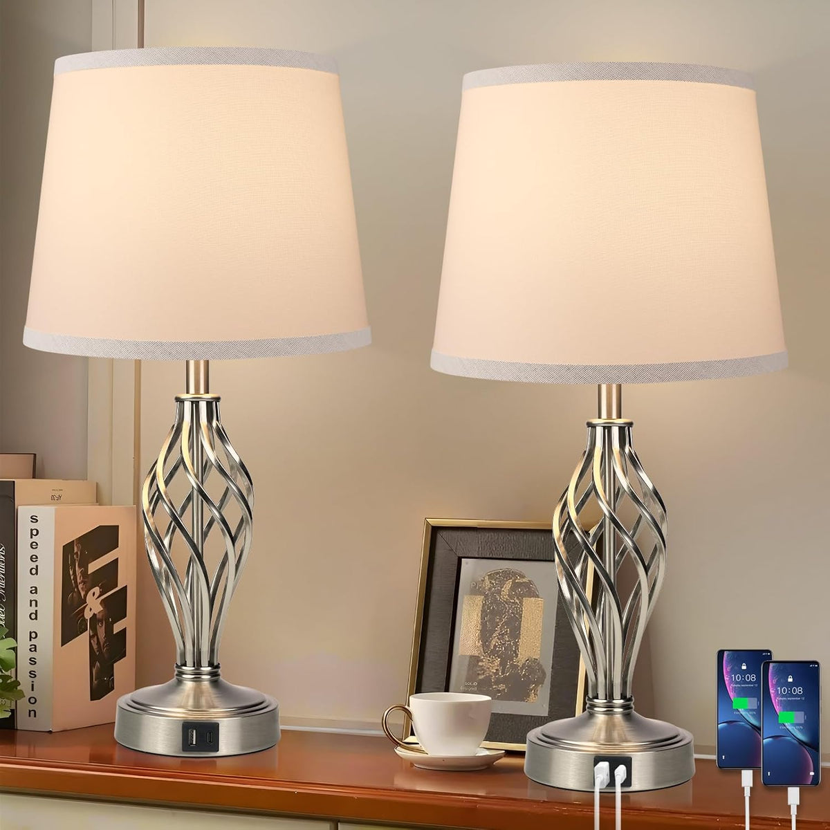 Ruiever Touch Table Lamps Set of 2, nightstand lamp with USB Ports Bedside 3 Way Touch dimmer Desk lamp for Living Room Bedroom,Nickel Plated Spiral cage Base Design Warm White dimmer Bulbs Included.