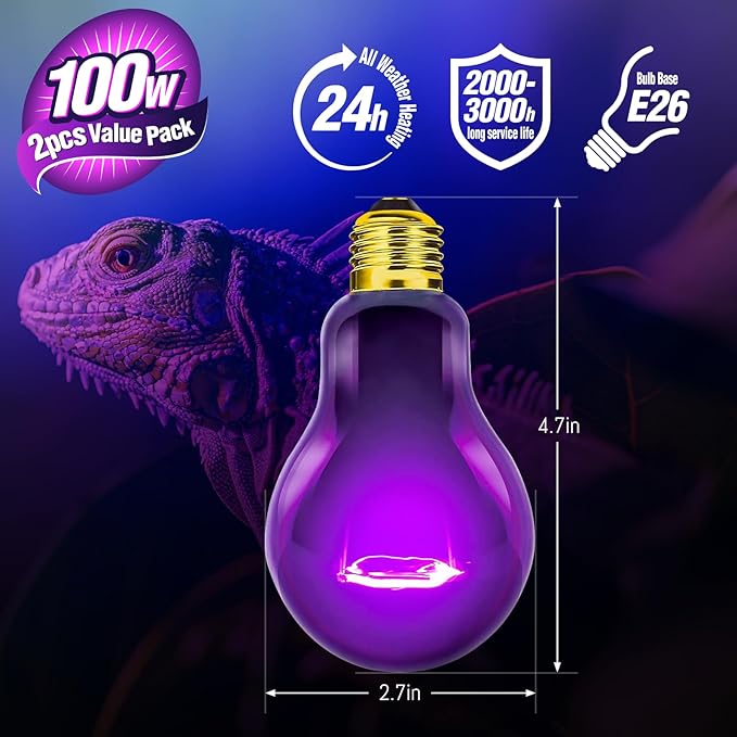 Leoterra Night Heat Bulbs for Reptile 2Pack100W,Night Black Light Bulbs for Lizard Bearded Dragon Leopard Snake Turtle, Chameleon Use 120V E26 Base