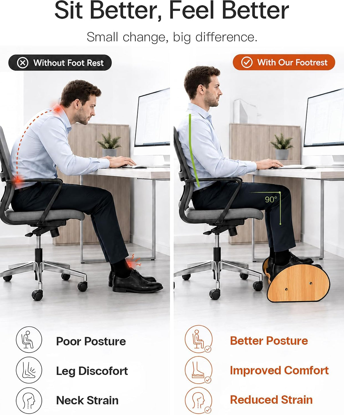 StrongTek Wooden Foot Rest for Under Desk, Reversible Rocking Footrest