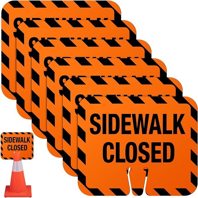 6 Pcs Plastic Sidewalk Closed Sign Bulk for Traffic Cones Top Road Warning Signs 10.4" Height x 12.6" Width x 0.05" Thickness for Outdoor Barricade Construction Caution