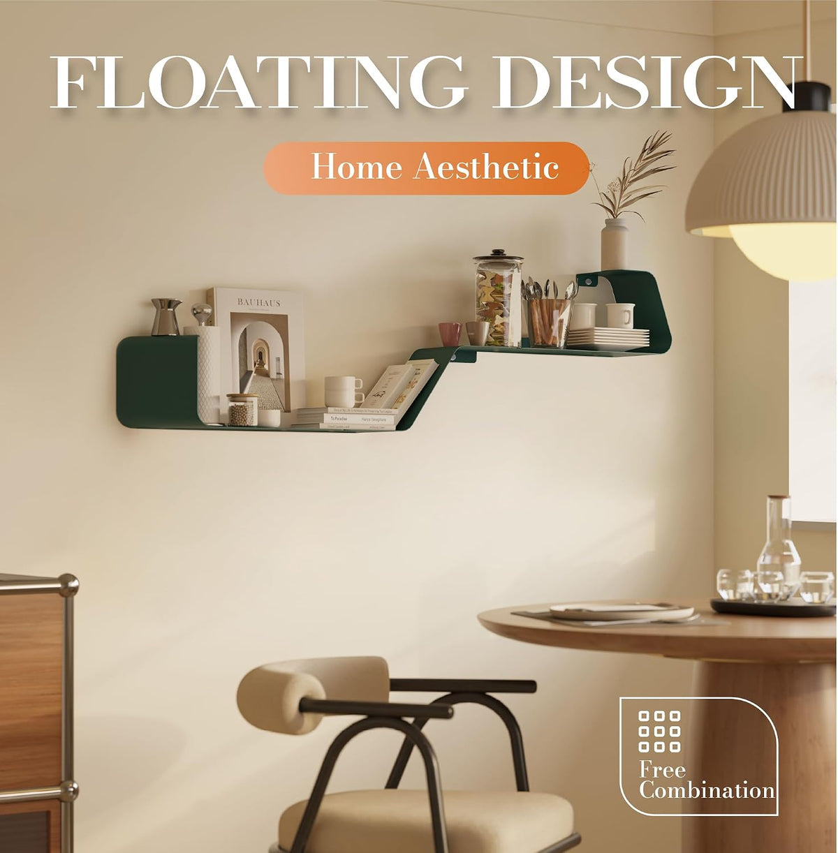 Floating Shelves, Wall Shelf, Set of 3 Mounted Metal Shelves with Unique Design for Wall Storage, Book Shelf, Display Shelves for Bathroom Bedroom Kitchen Living Room for Home Green