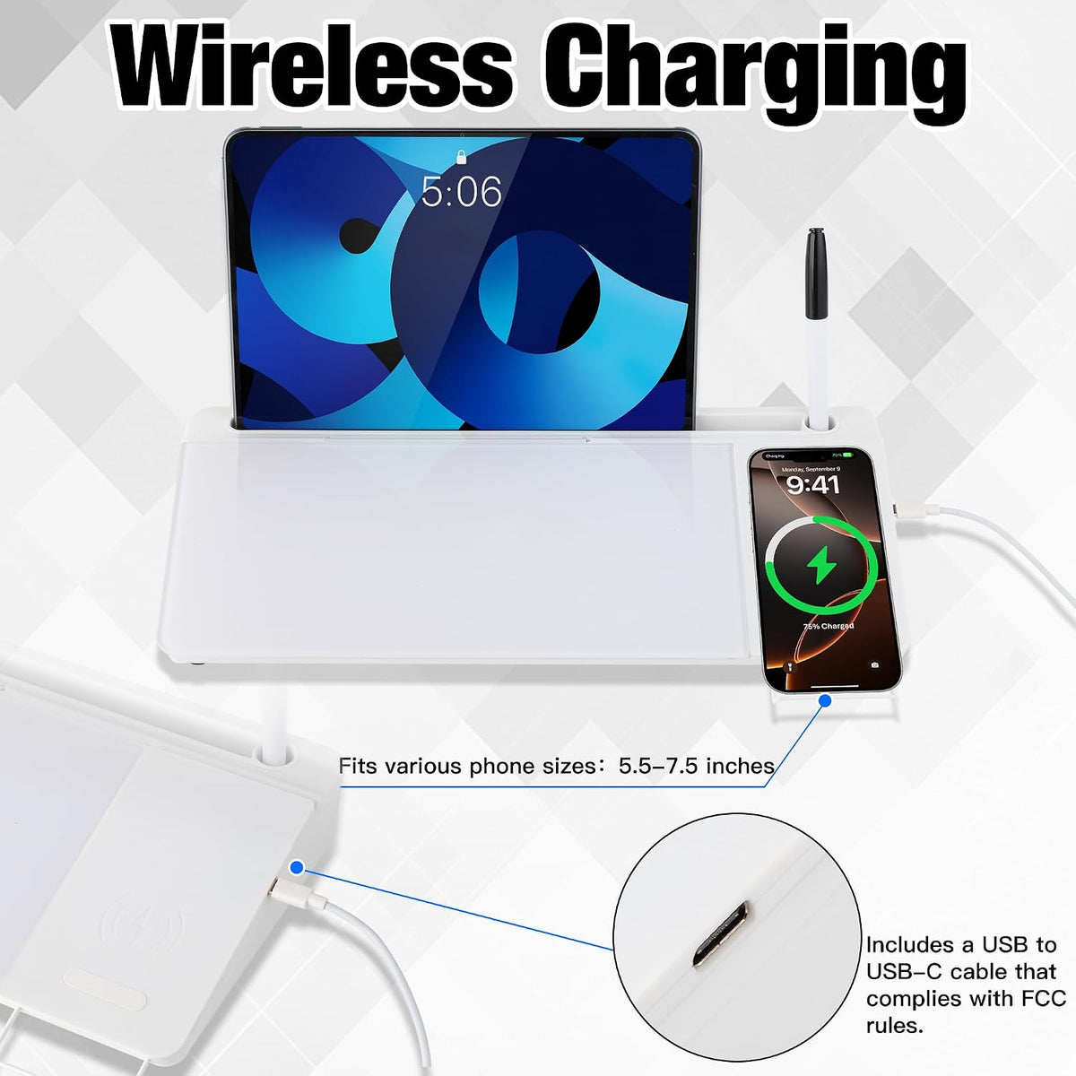 Glass Desktop Whiteboard, Wireless Charger White